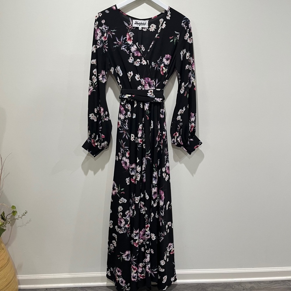 Meghan Los Angeles Lilypad Floral Maxi Dress Medium Black Faux Wrap Boho Sash